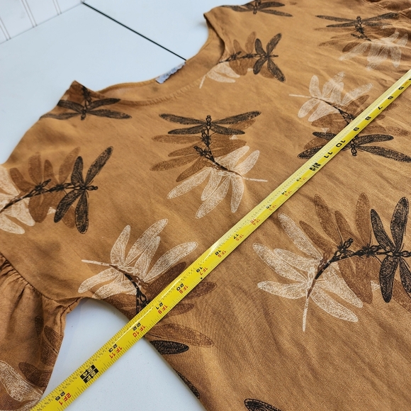 ELENA BALDI Italy Women's 100% Linen Dragonfly Ruffle Sleeve Top Brown Tan Sz S - Picture 10 of 11